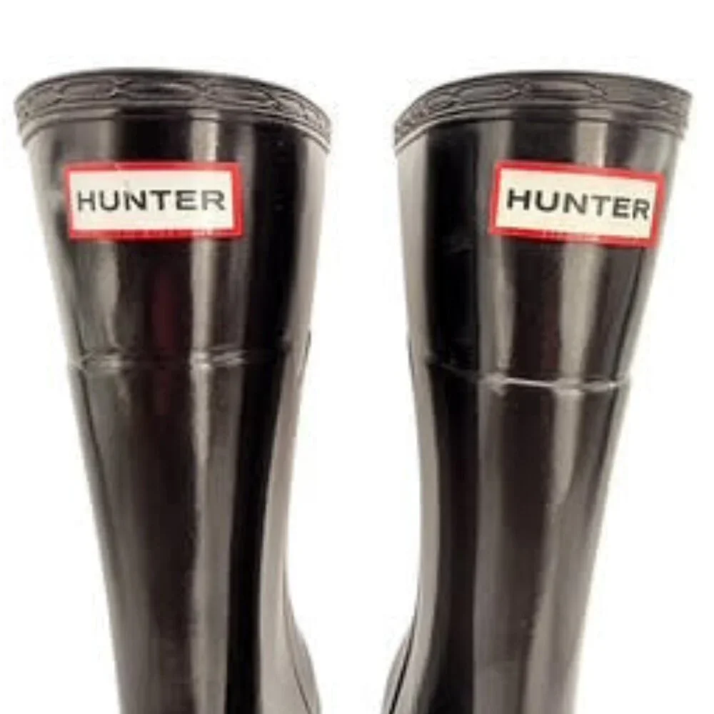 Hunter Original Tall High Gloss Wedge Rain Boots Black Rubber Heeled WMS Size 8 - Picture 3 of 15